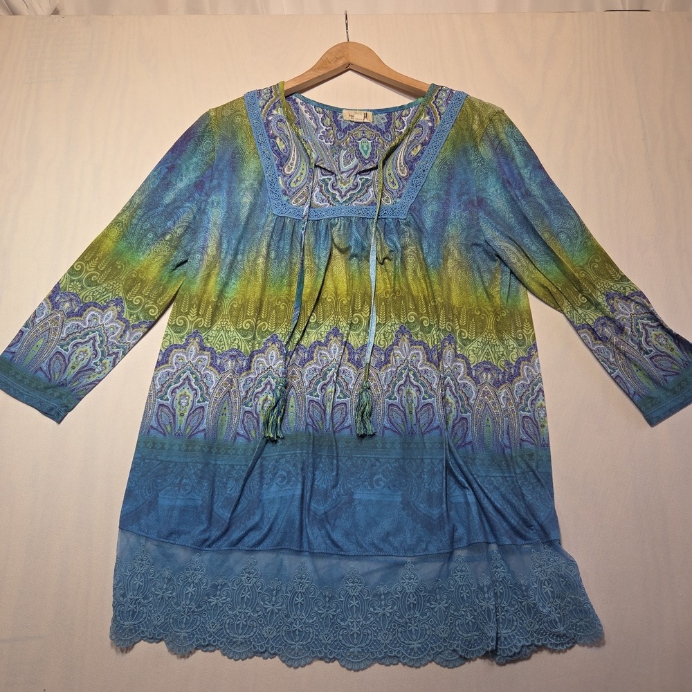 One World Womens L Blue Green Paisley Tunic Top Lace Hem Tassels 3/4‎ Sleeve